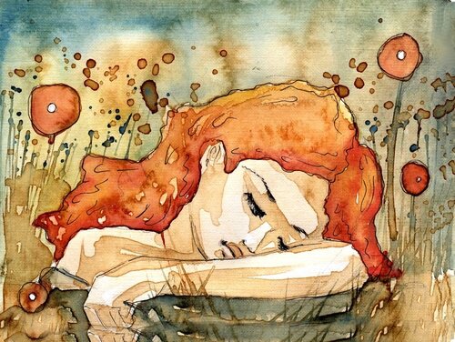 Maleri af trist kvinde i blomstereng