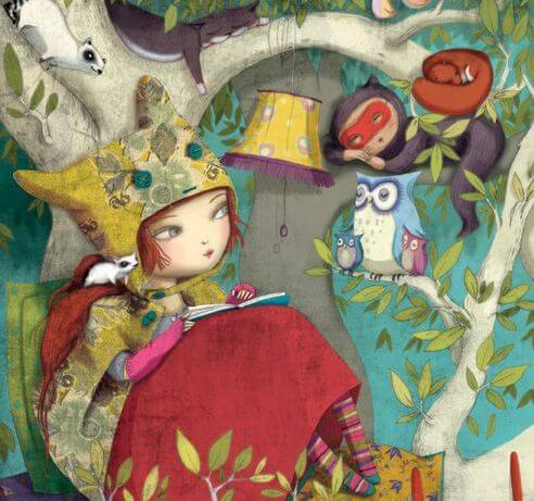 Pige er ved at læse bog og snakke med en ugle