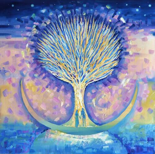 Et malet træ med et par på stammen