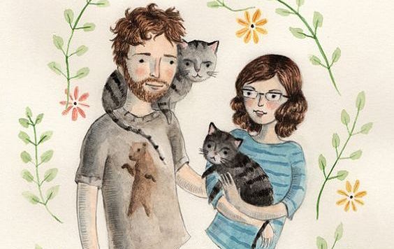 Tegning af et par med to katte
