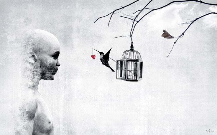 Person kigger på fuglebur, fugl giver et hjerte