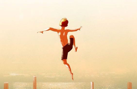 Hoppende dreng, lykke, ulykkelig, personlig triumf. Gør det andre siger du ikke kan