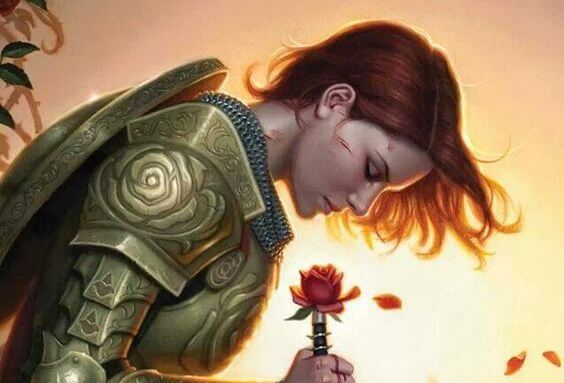 Kvinde i rustning dufter til rose
