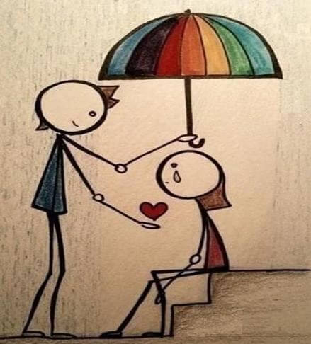 Dreng holder paraply over pige og giver hende et hjerte