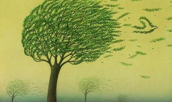 Vinden for blad etil at blæse af et træ