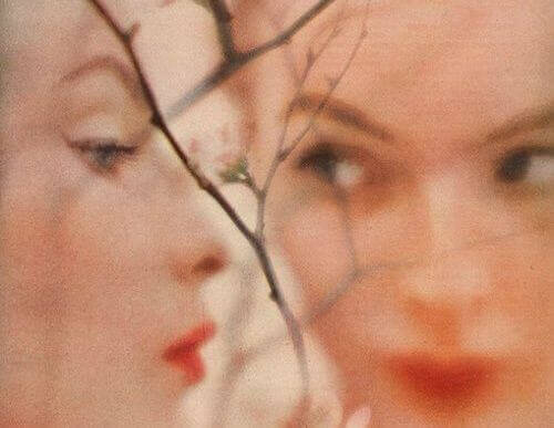 To kvindelige ansigter bag grene