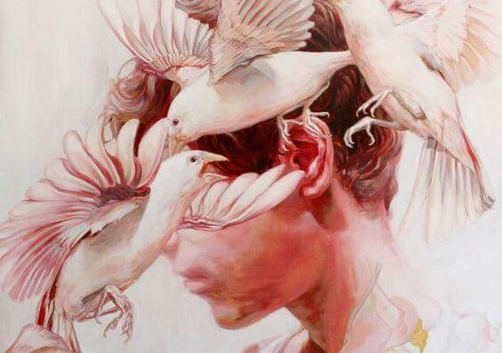 Mand med fugle omkring hovedet, der skriger til ham "tænk"