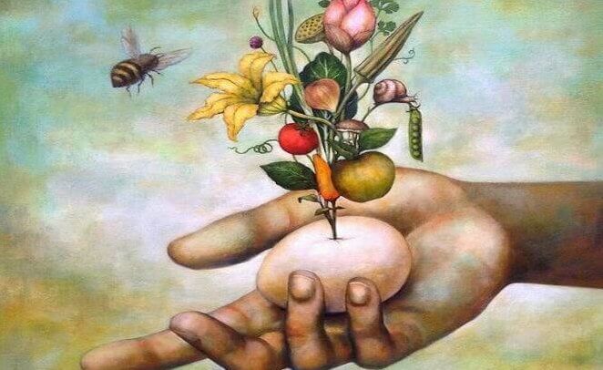 Blomster vokser op af æg i hånd