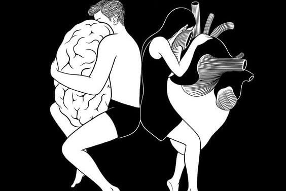 Mand og kvinde krammer henholdsvis hjerne og hjerte