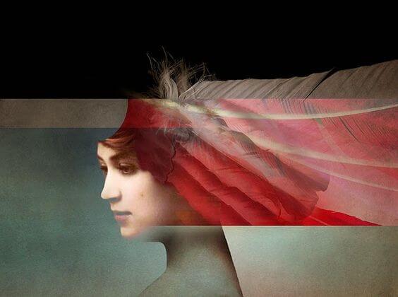 Kvinde med hår af røde fjer