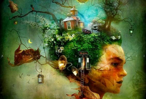 Kvinde med hus og skov på hovedet symboliserer hendes drømme