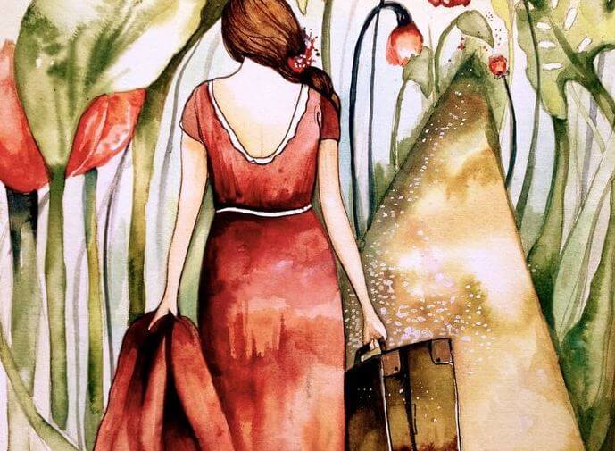 Kvinde går væk med pakkede tasker