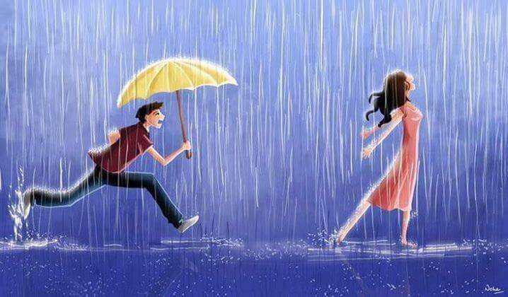 Mand med paraply løber efter kvinde i regn