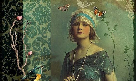 Gammeldags kvinde med hat på og sommerfugle flyvende omkring udtrykker en stor værdighed