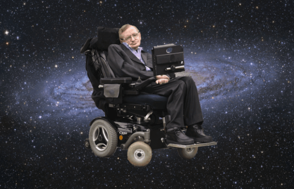 Stephen Hawking i kørestol foran univers