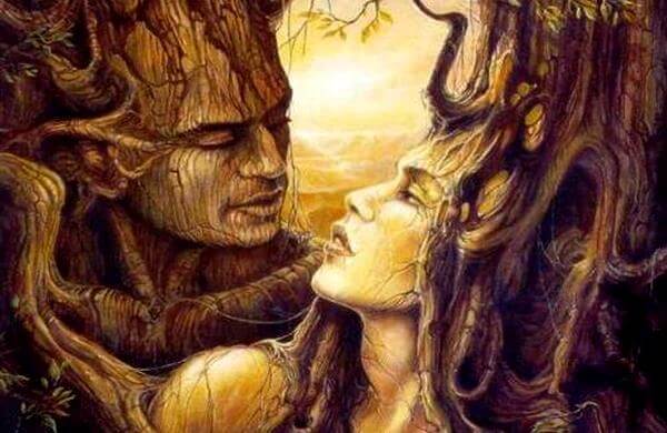 En kvinde og en mand lavet af træ