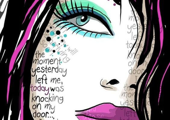 Kvindes ansigt med tekst på kinden