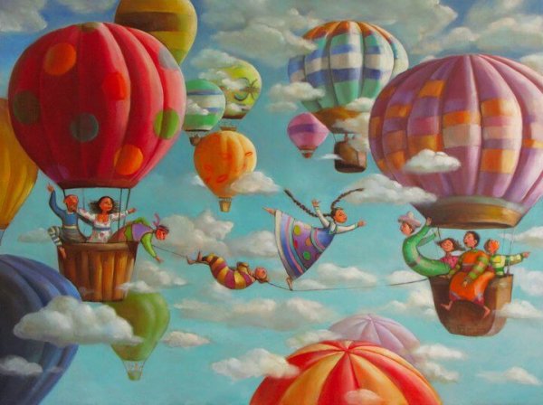 Glade personer går på line mellem luftballoner