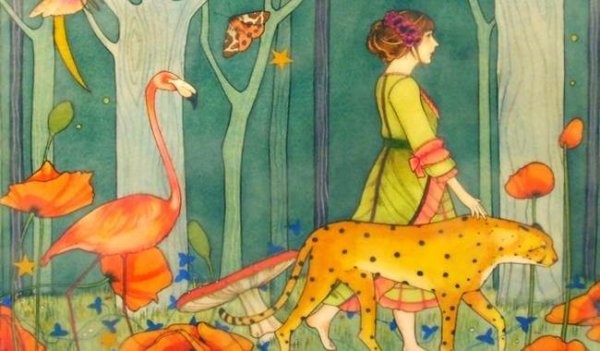 Kvinde går i skov med vilde dyr