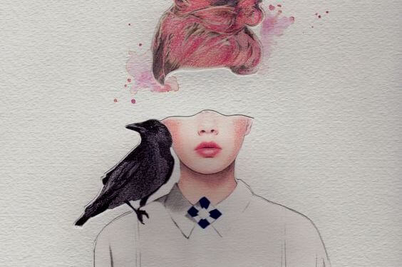 Tegning af kvinde med krage på skulder og hul for øjnene