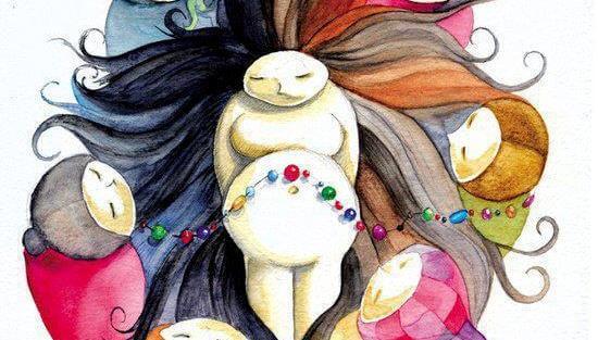 Tegnning af gravid med støttende damer omkring sig