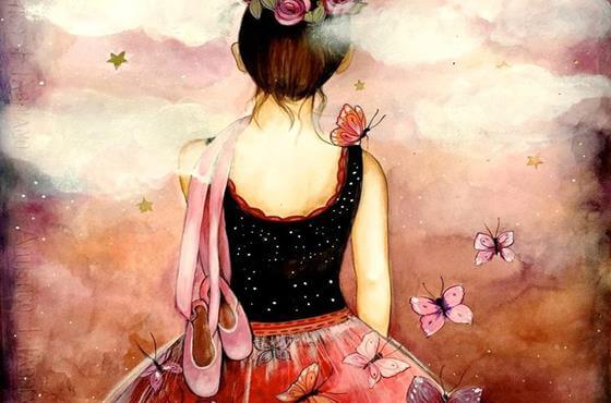 Pige med balletsko går mod lyserød himmel