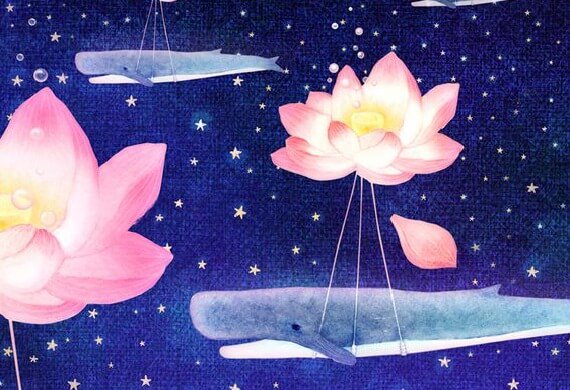 Hvaler løftes op af blomster