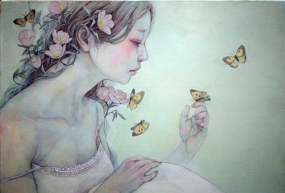 Trist kvinde med sommerfugle