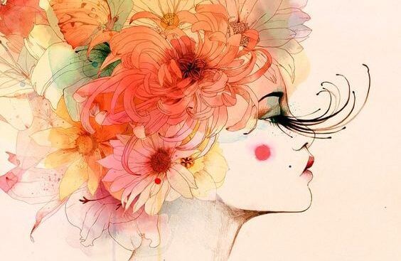 Kvinde med blomster i hår viser det smukke ved at blive stærkere efter en skuffelse