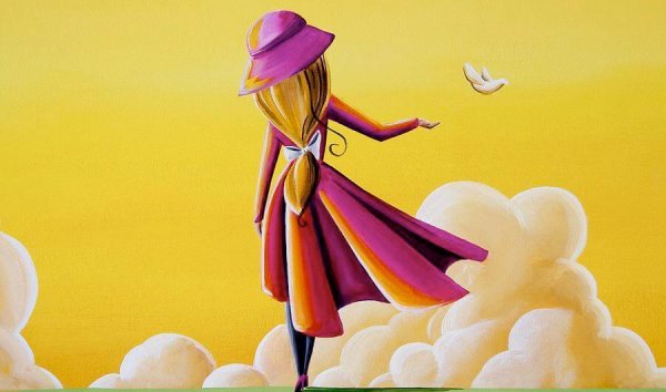 Kvinde på gul himmel med skyer rækker ud mod fugl