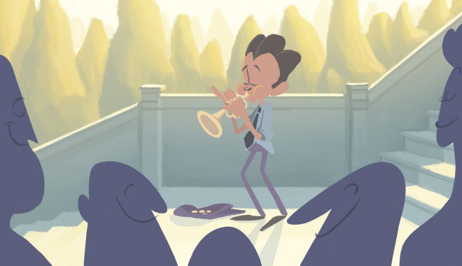 Mand med trompet i videoen Fallin Floyd lærer os om at komme videre