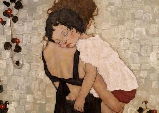 Mor trøster barn med barndomsdepression