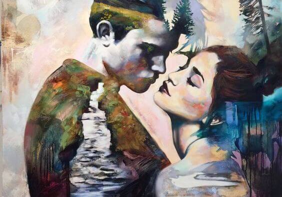 Maleri af par med flod