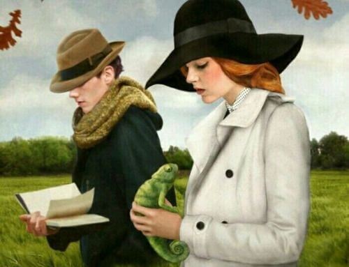 Mand går med bog, kvinde går med firben