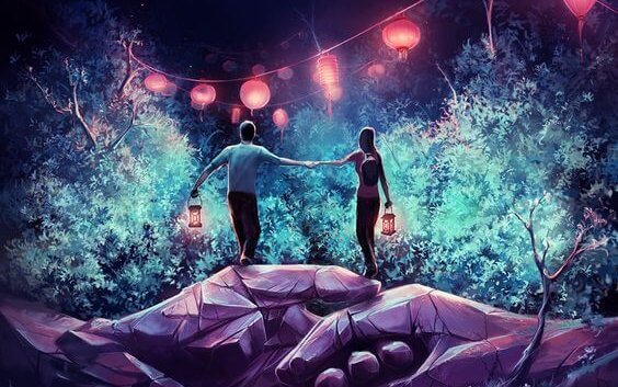 Par går med lanterner og nyder mental tiltrækning