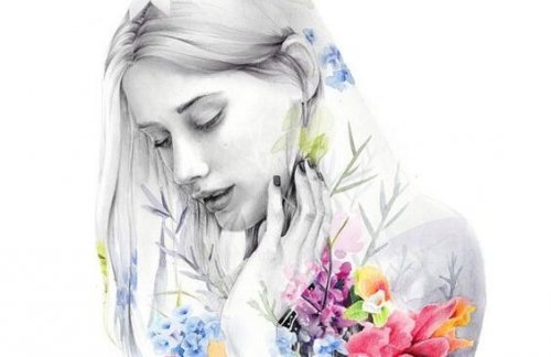 Pige i sort hvid med farvede blomster