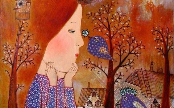 Pige sammen med fugl