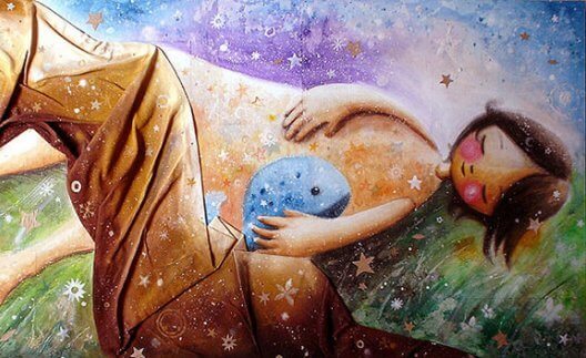 Pige krammer sten med øjne