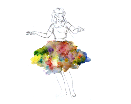 Kvinde danser med nederdel i regnbuens farver