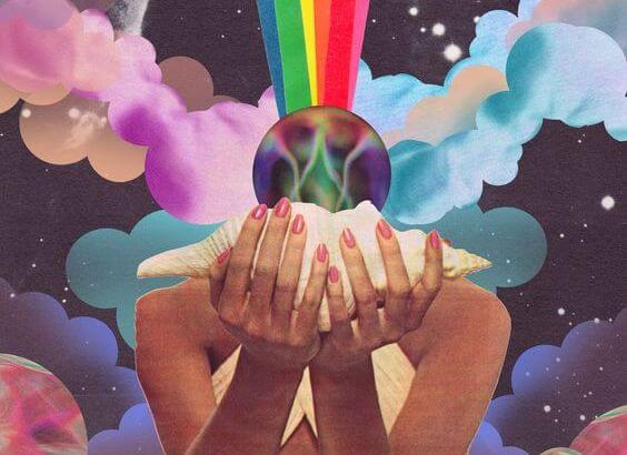 Regnbue fra kvinde med konkylie i hænderne