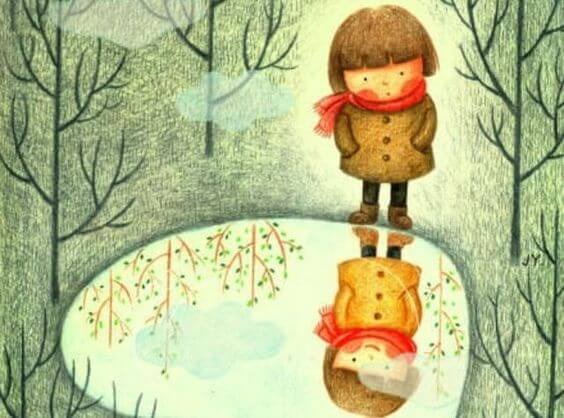 Spejlbillede i sø siger til pige "du skal være dig selv"