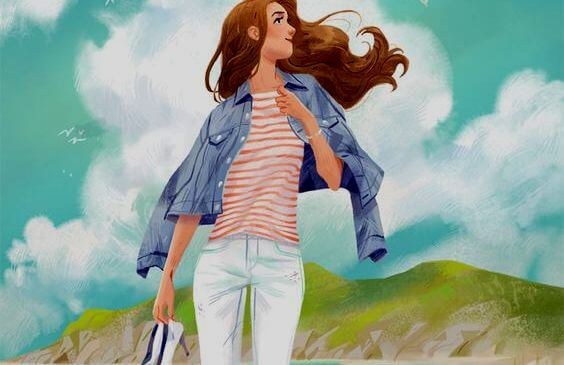 Kvinde går på eng med sko i hænderne og ønsker at være mere menneskelig