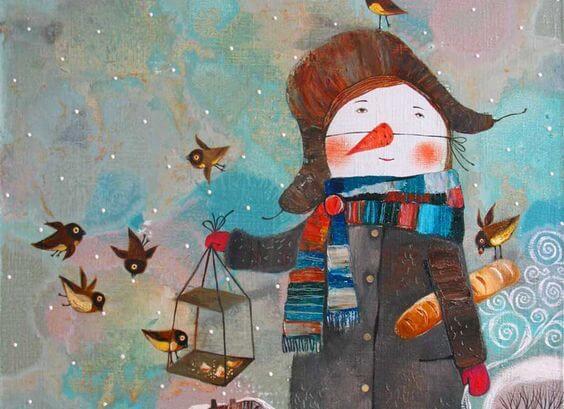 Snemand holder hus til fugle og forstår, hvordan man skal leve sammen