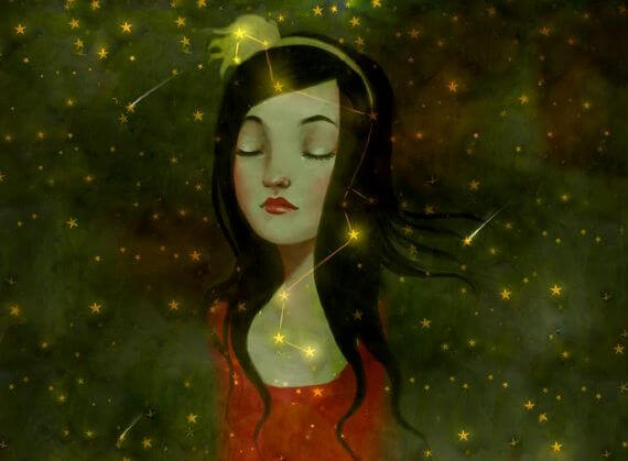 Pige med stjerner omkring sig