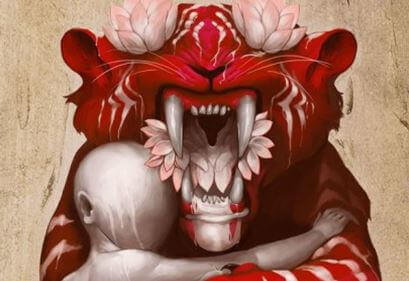 Tiger med dukke symboliserer følelsesmæssigt rovdyr