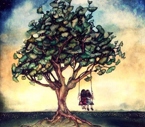 To personer sidder på gynge i træ