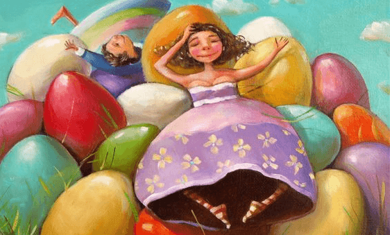 Børn sidder på bjerg af farvestrålende æg