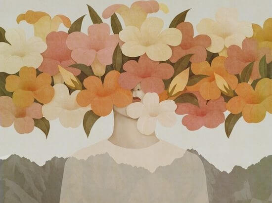 Ansigt gemt bag ranke af blomster