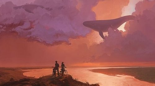 Personer cykler og ser hval på himmel