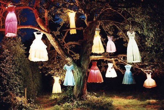 Farverige kjoler hænger i et træ